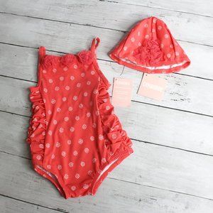 Gymboree Baby Girl Retro Swimsuit Size 6-12 Months Swim Cap Beach Hat